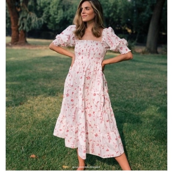 Hill House Dresses & Skirts - Hill House Floral Midi Dress - White with Pink Print